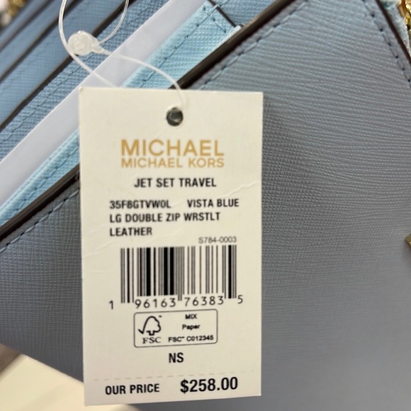 MICHAEL KORS LARGE DOUBLE ZIP WRISTLET WALLET PHONE CASE CLUTCH 
Vista Blue - Picture 3 of 16